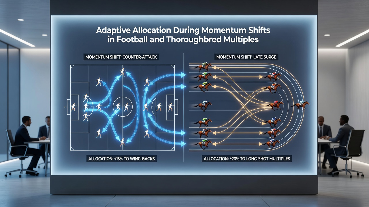 Thoroughbred racehorses rounding the final bend with allocation adjustment graphs superimposed on the track