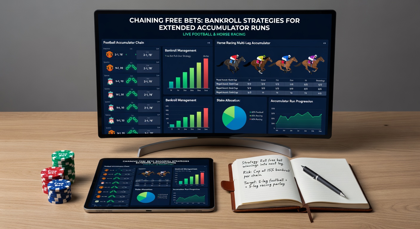 Infographic depicting bankroll growth curves from chained free bet accumulators in a live soccer match overlaid with horse race finishing positions