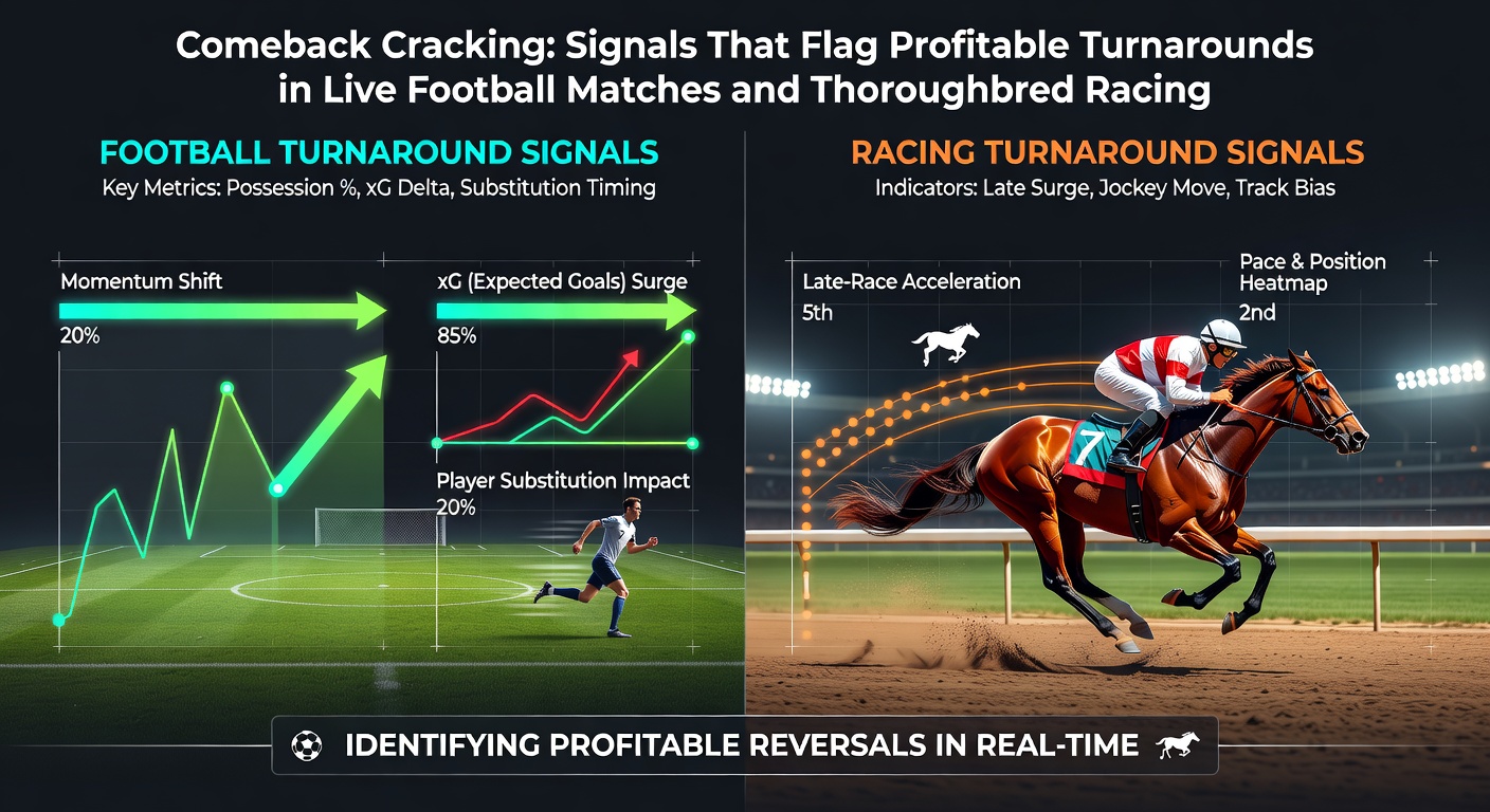 Split-image of a thoroughbred horse powering through the final furlong from mid-pack in a sprint race, paired with football players celebrating a late equalizer in a packed stadium under floodlights