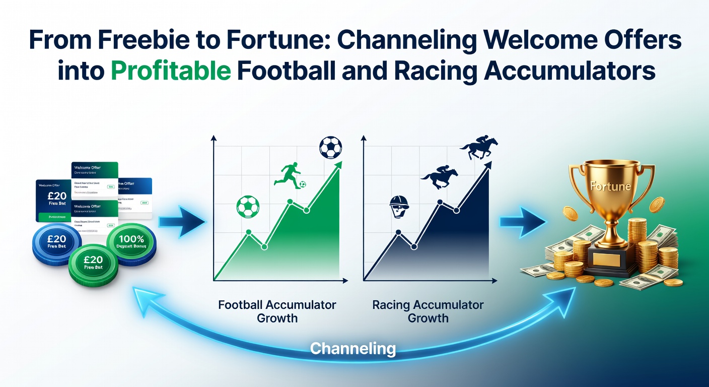 Chart illustrating accumulator growth from welcome bonuses, with football goals and horse racing finishes boosting payouts