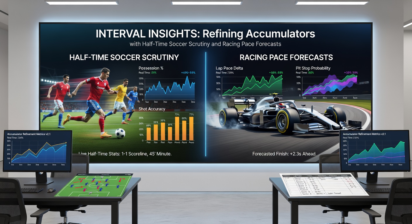 Dynamic split-screen of a soccer half-time stats dashboard next to a colorful horse racing pace projection graph, highlighting accumulator refinement tactics