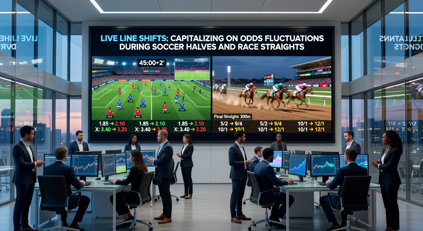 Close-up action shot of horses charging down the straight and soccer players battling in the second half, overlaid with fluctuating odds charts