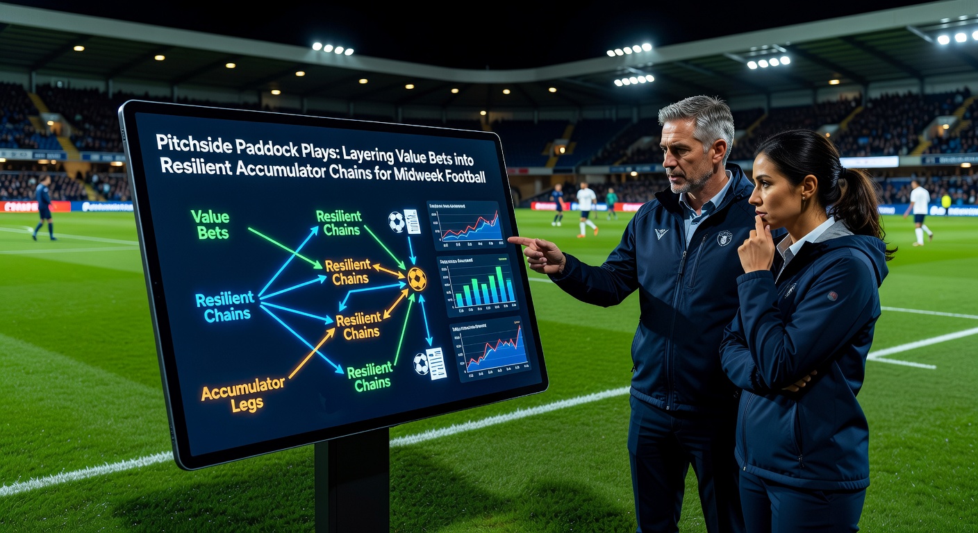 Close-up of a bookmaker's tablet displaying layered accumulator odds for a midweek football match and concurrent flat race, with green value indicators highlighting resilient chain potential