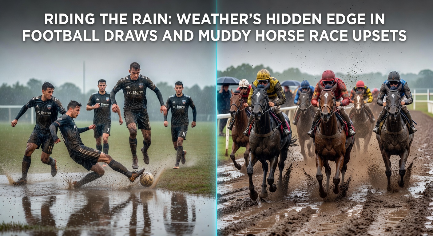 Horses splash through deep mud on a rain-drenched racecourse, kicking up water as underdogs challenge favorites in a dramatic upset