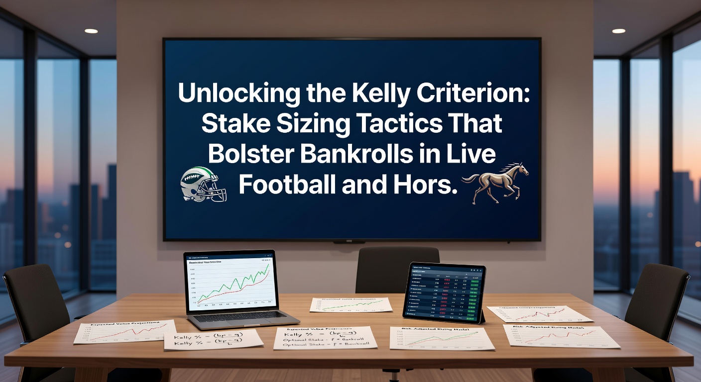 Live betting interface on a tablet showing in-play football odds and horse racing markets, with Kelly Criterion calculator overlay for stake recommendations