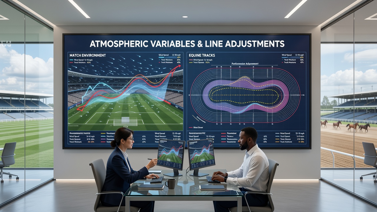 Detailed view of adjusted betting lines and odds boards reflecting atmospheric impacts on both soccer and thoroughbred racing events