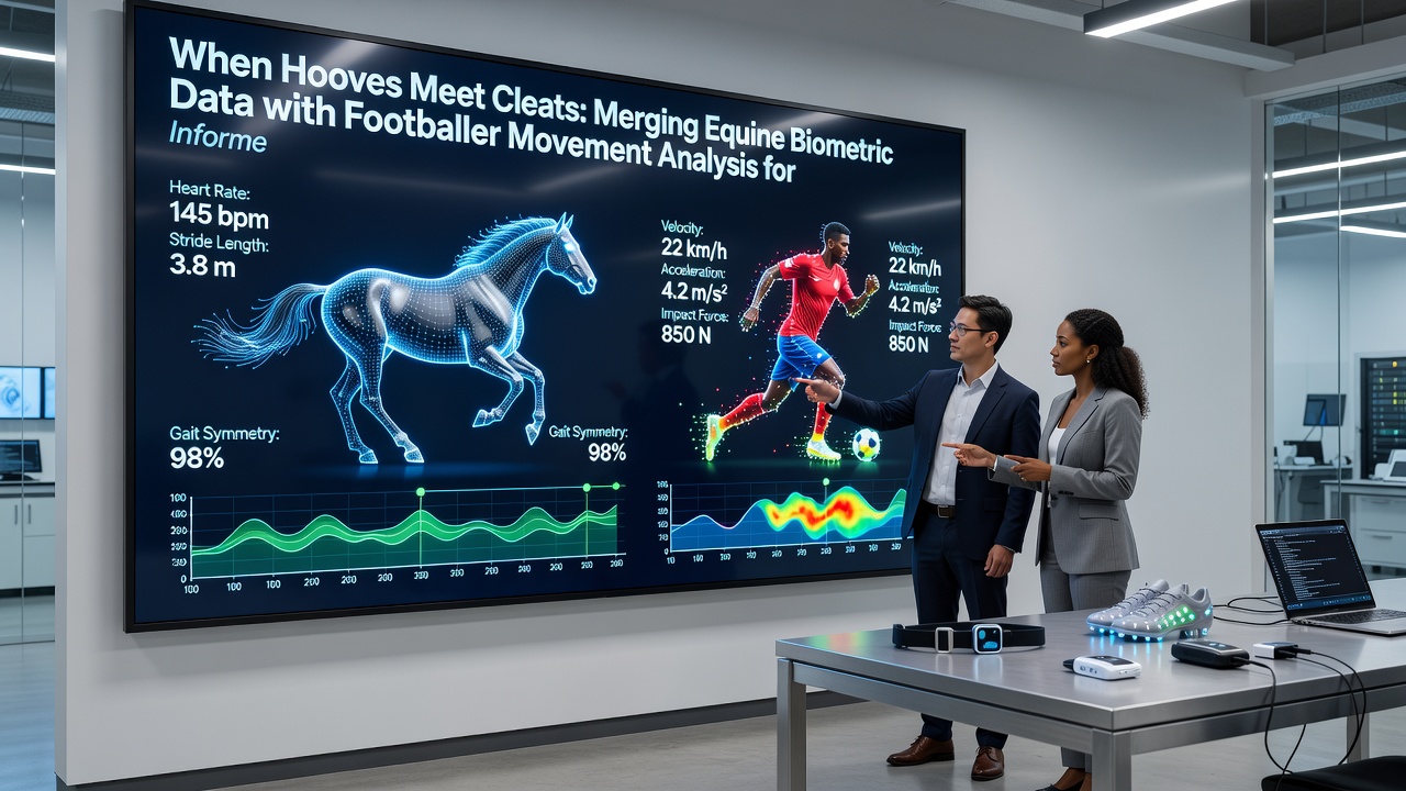 Data analysts reviewing merged equine and football movement dashboards on multiple screens